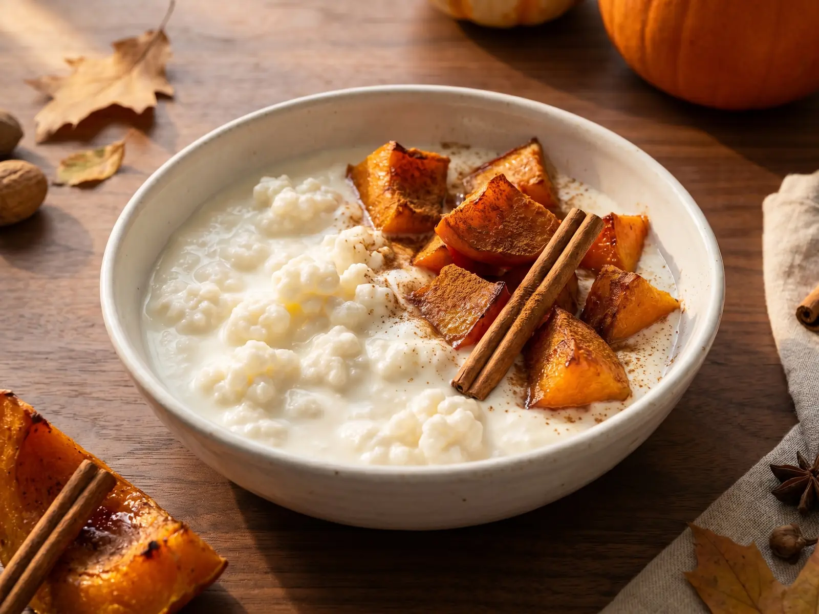 K&eacute;fir de leche con calabaza asada y canela en un cuenco blanco sobre una mesa de nogal oto&ntilde;al
