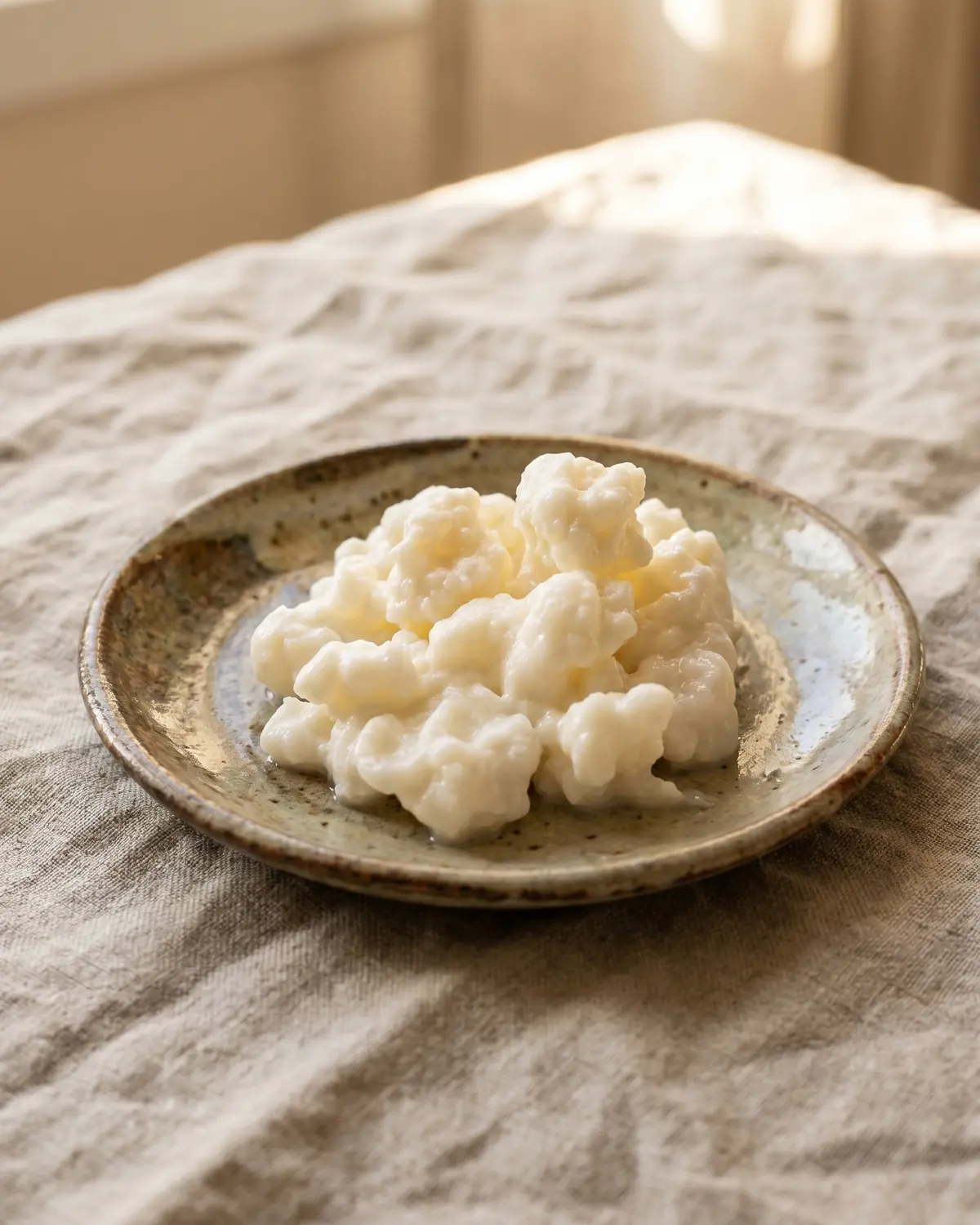 kefir milbona Gránulos de kéfir de leche sobre un platillo cerámico junto a lino crudo y luz suave de ventana