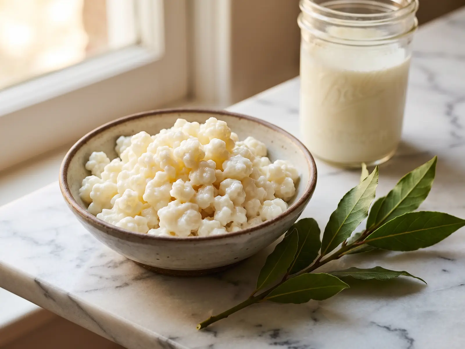 kefir en ayunas beneficios Cuenco con gránulos de kéfir y tarro cremoso sobre mármol blanco junto a una rama de laurel fresco