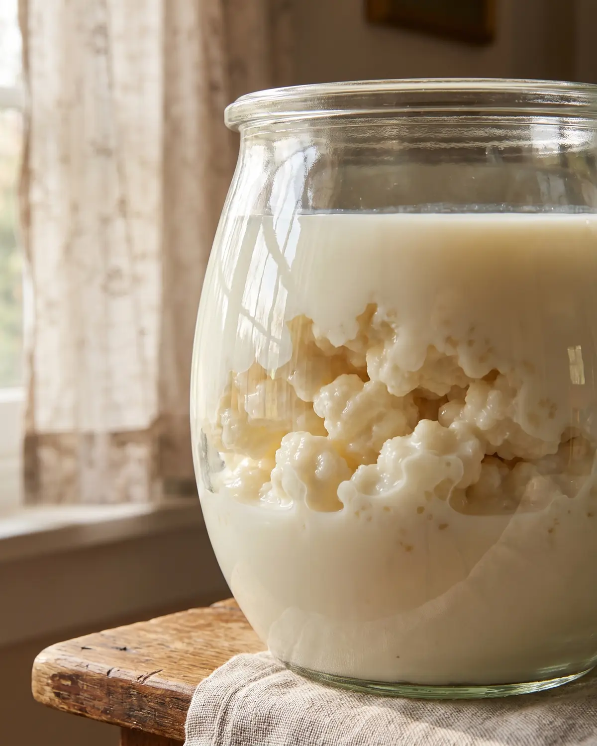 Reflejo de una cortina sobre un tarro de vidrio con k&eacute;fir cremoso y gr&aacute;nulos deformados por la leche.