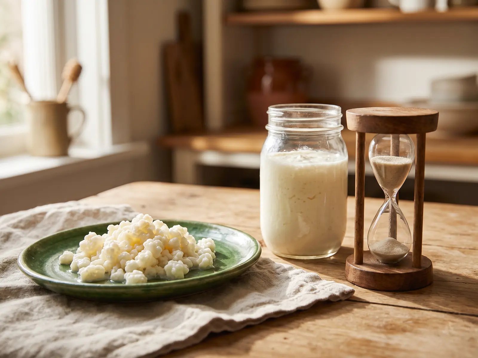 Reloj de arena junto a un tarro de k&eacute;fir, gr&aacute;nulos en un plato verde y lino sobre la mesa.