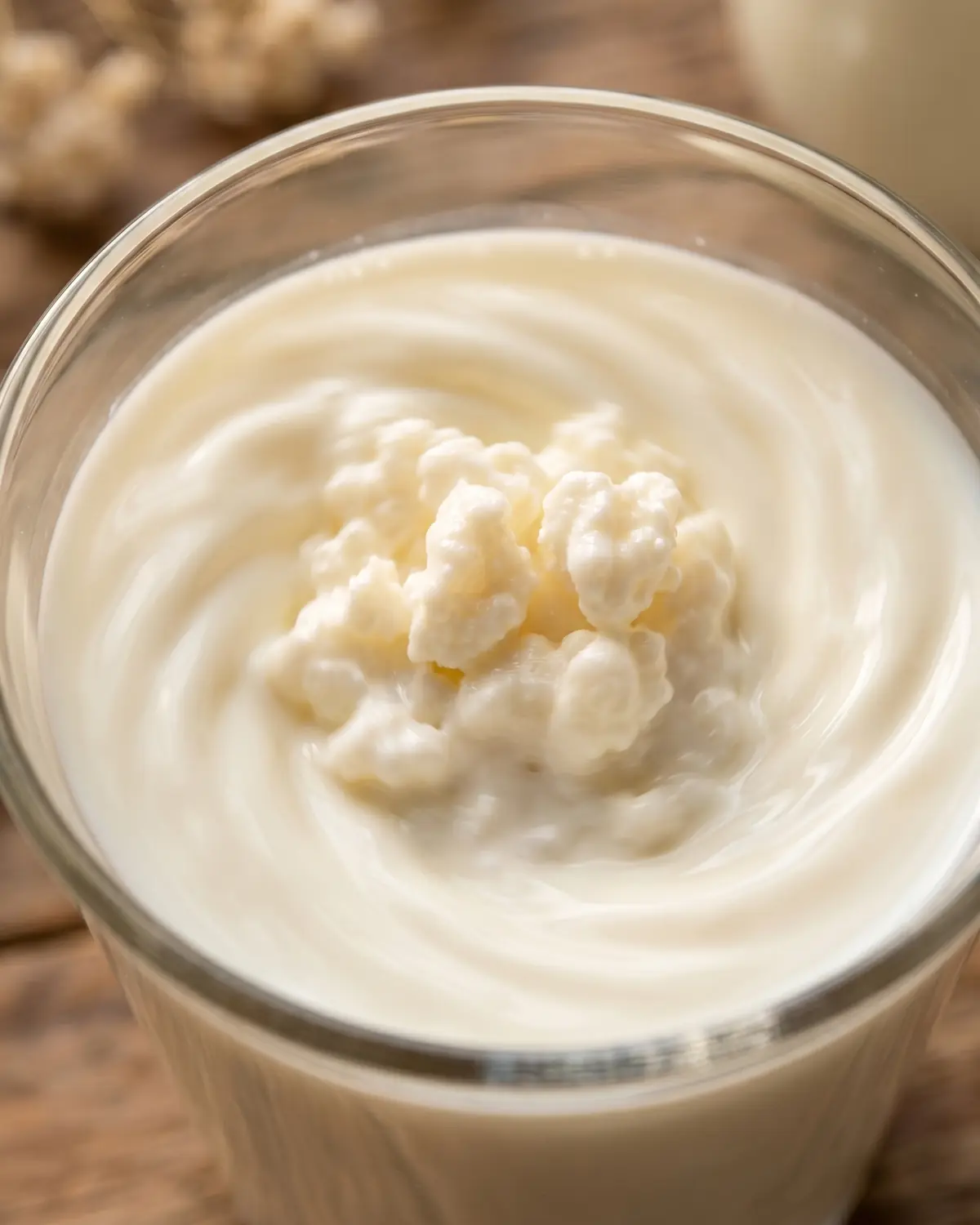 hongo de agua Macro de gránulos irregulares moviéndose en leche fresca dentro de un cristal con remolino blanco crema