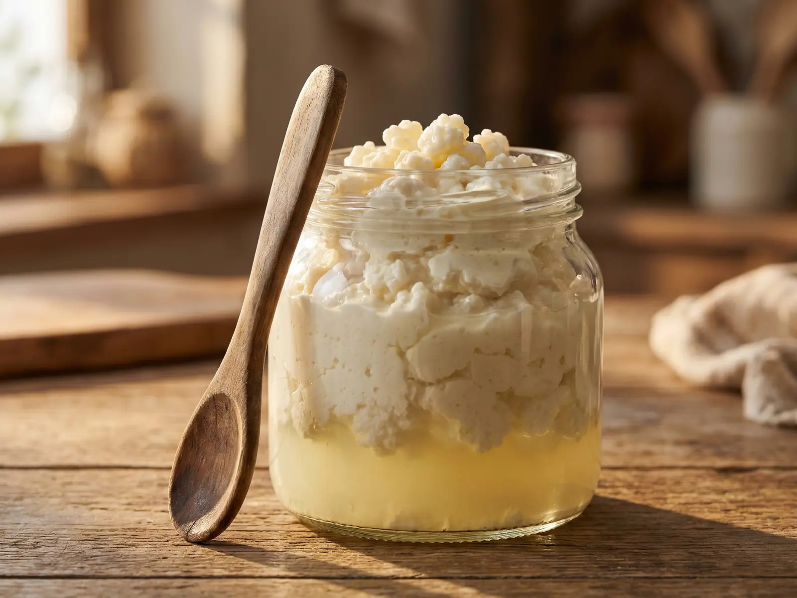 Tarro de k&eacute;fir de leche maduro con suero separado, cuchara de madera y luz lateral c&aacute;lida