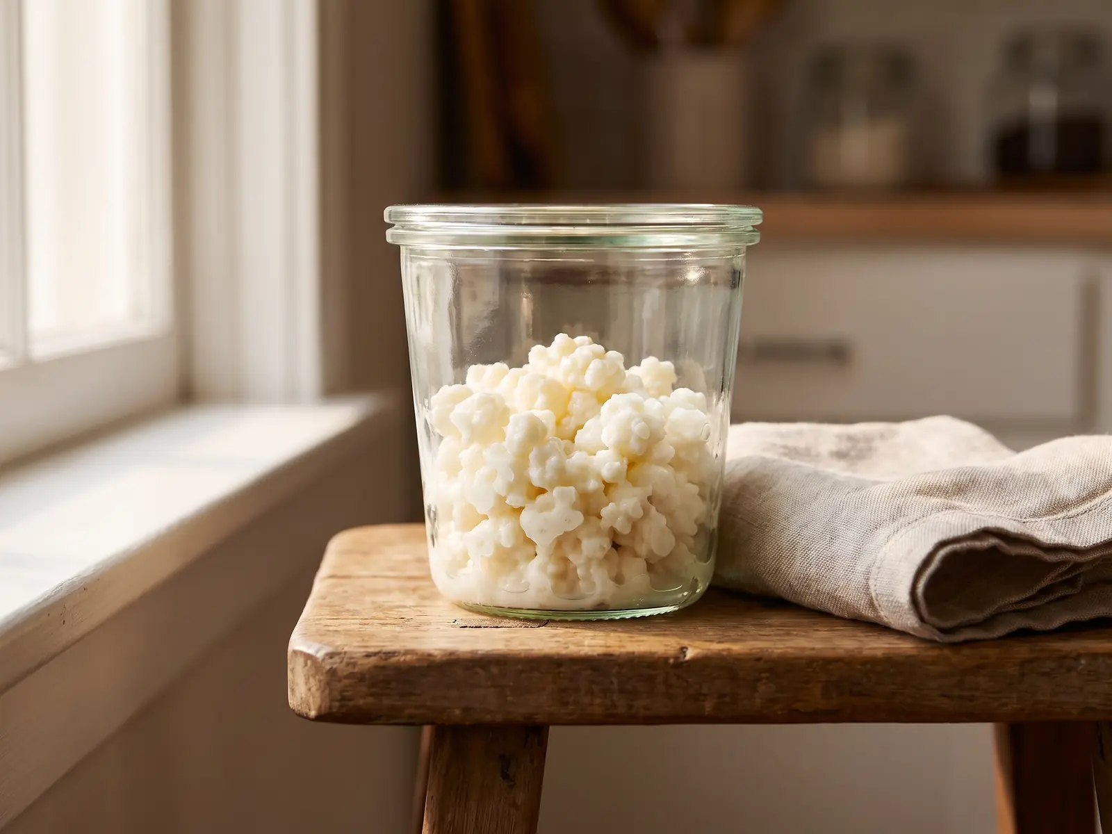 Tarro de k&eacute;fir fermentando junto a una ventana, con gr&aacute;nulos visibles y un lino plegado en un taburete.