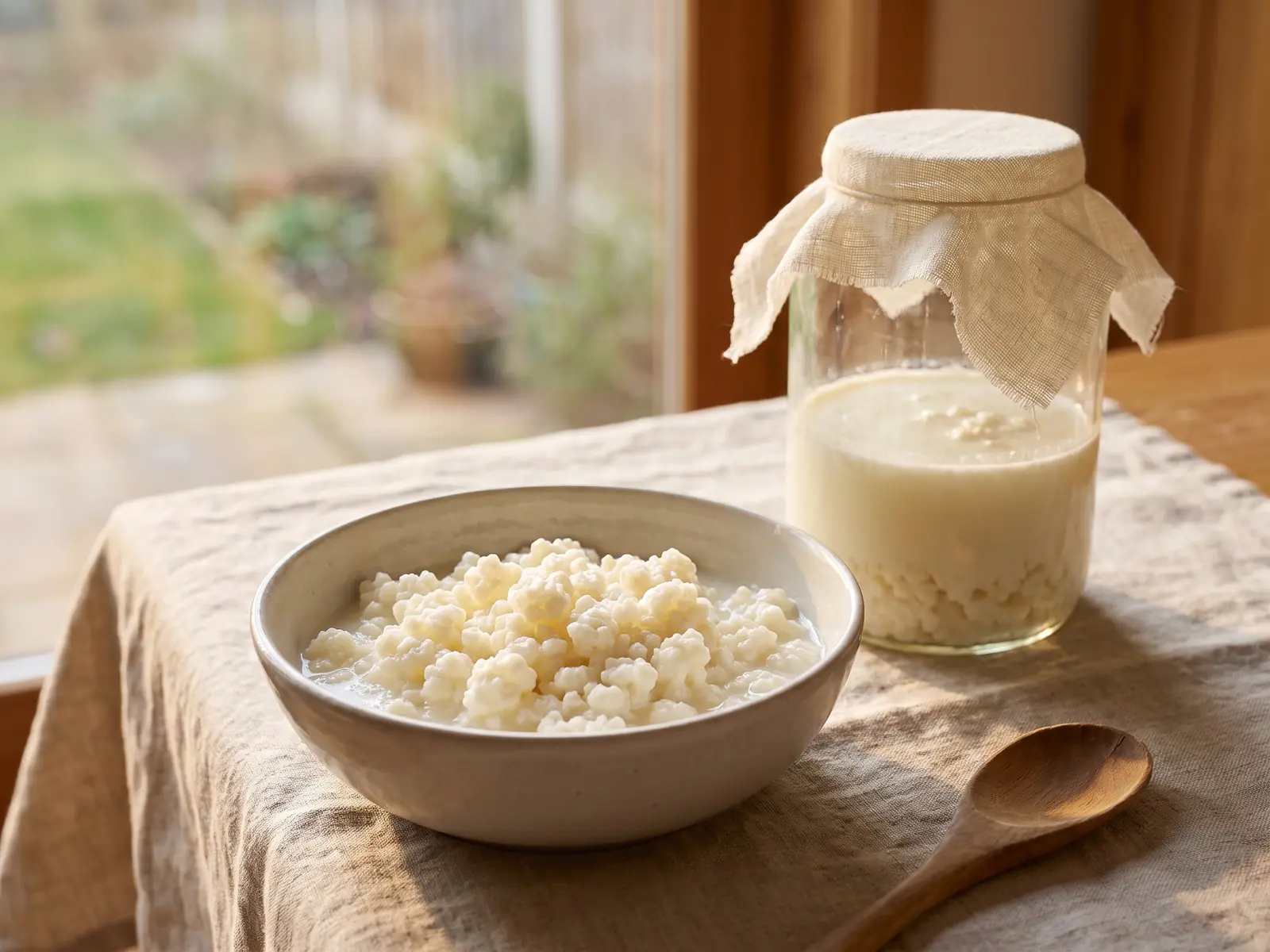 Tarro de k&eacute;fir fermentando junto a una ventana, con gr&aacute;nulos h&uacute;medos en un cuenco sobre una mesa de lino.