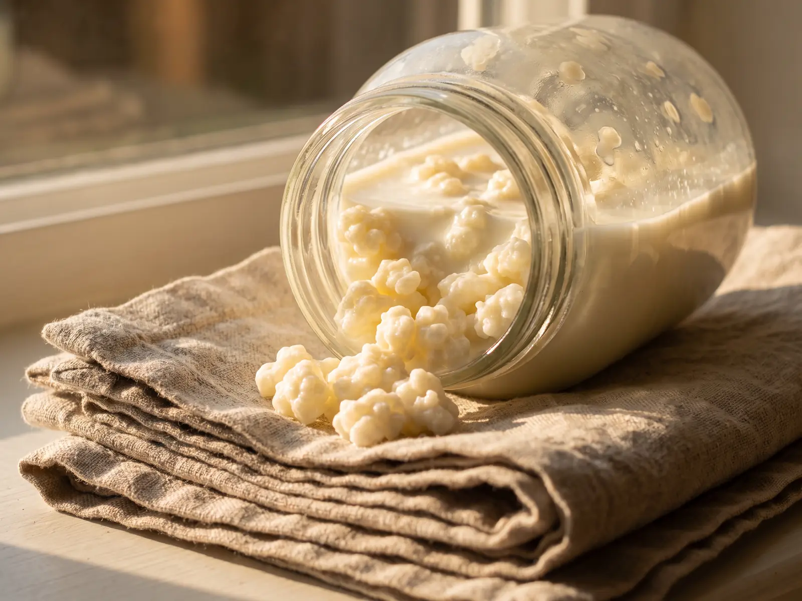 Tarro inclinado con k&eacute;fir de leche sobre lino, con gr&aacute;nulos visibles y luz lateral dorada.