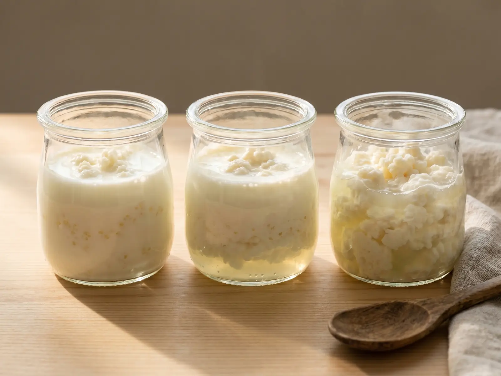 Tres tarros con k&eacute;fir de leche en distintas fases de fermentaci&oacute;n, con suero y crema visibles.