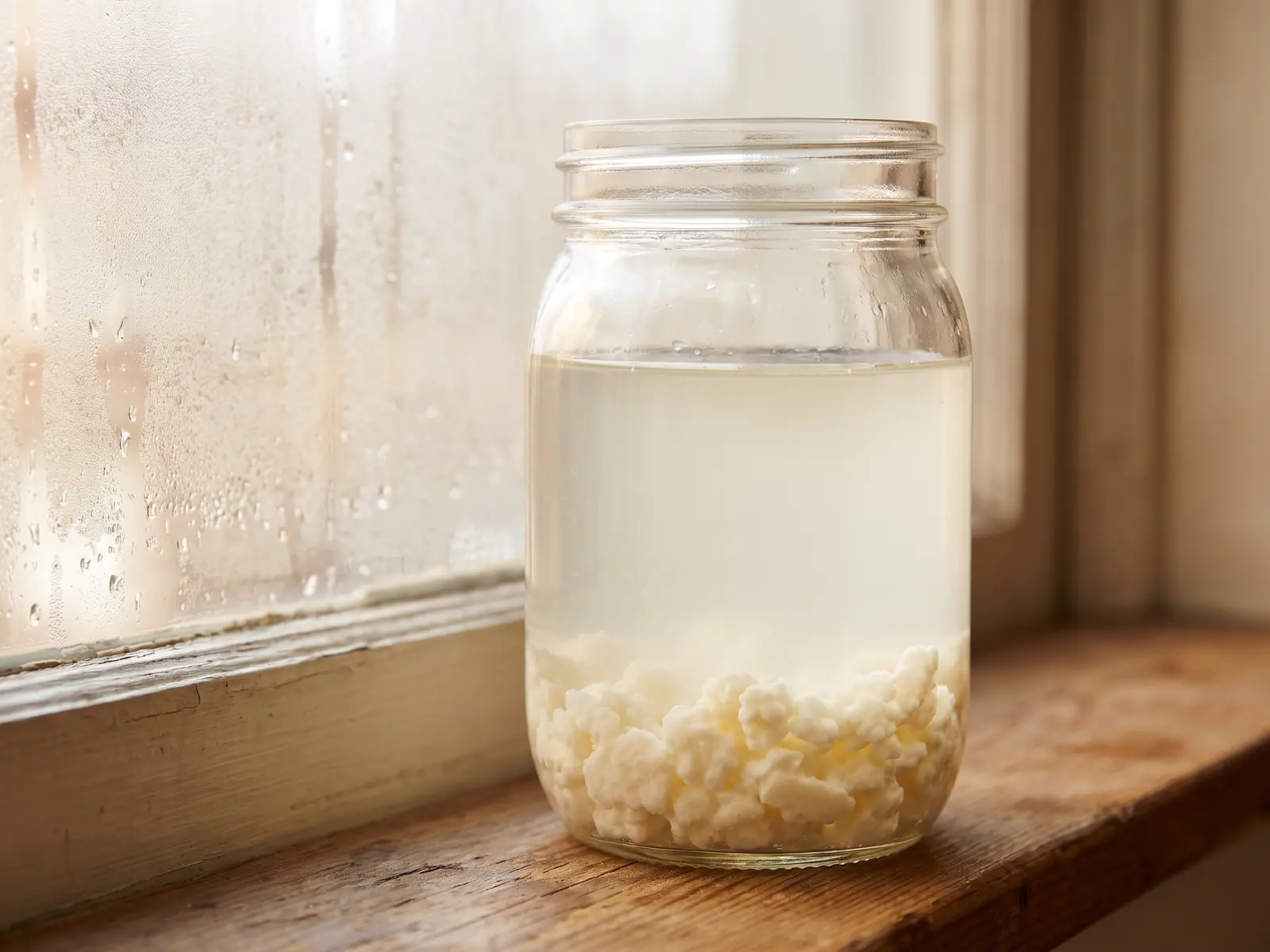 Tarro de k&eacute;fir de leche junto a una ventana con vaho y gr&aacute;nulos visibles al fondo del cristal.