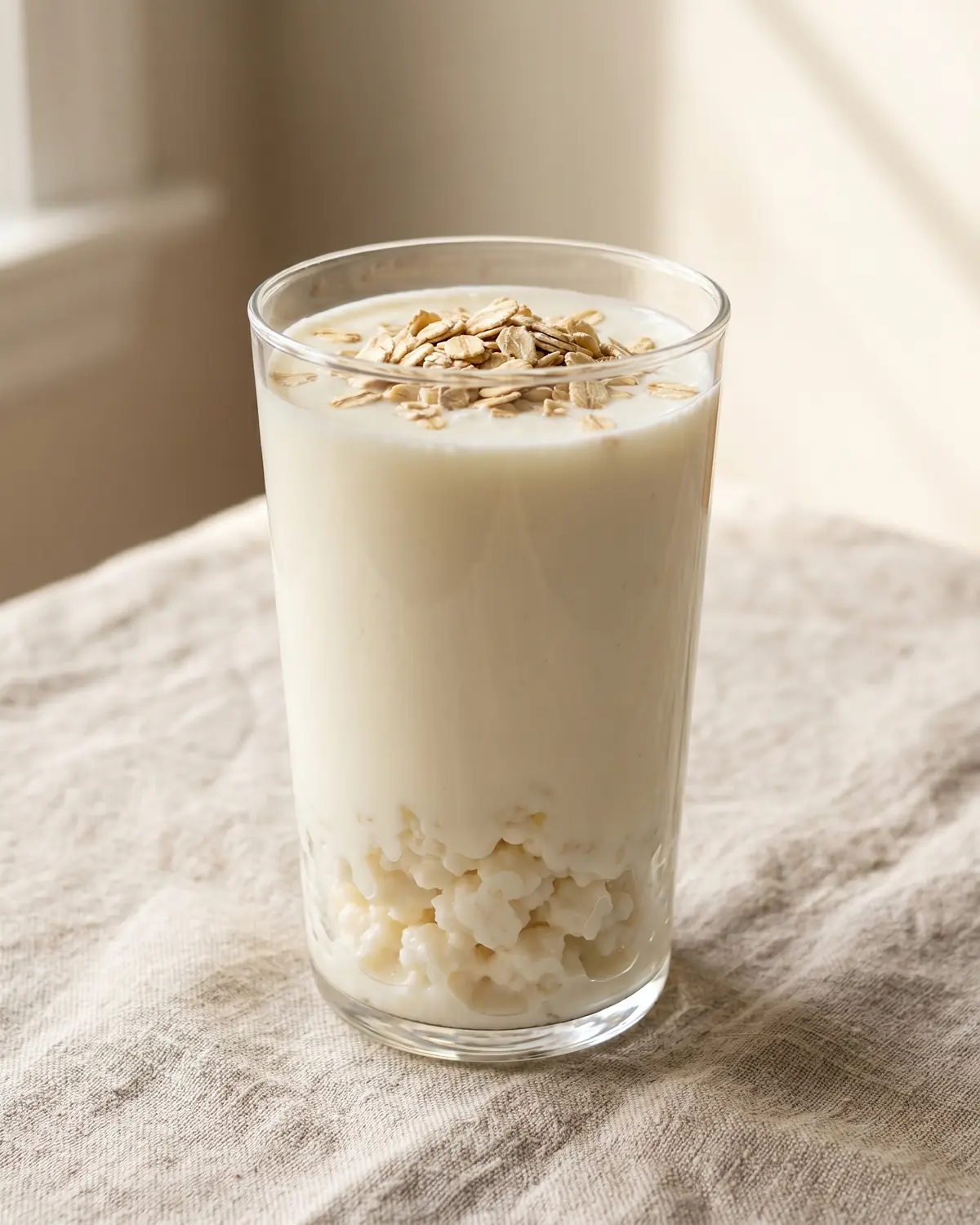 Vaso alto de k&eacute;fir con copos de avena sobre lino crudo, en una composici&oacute;n clara y sencilla.