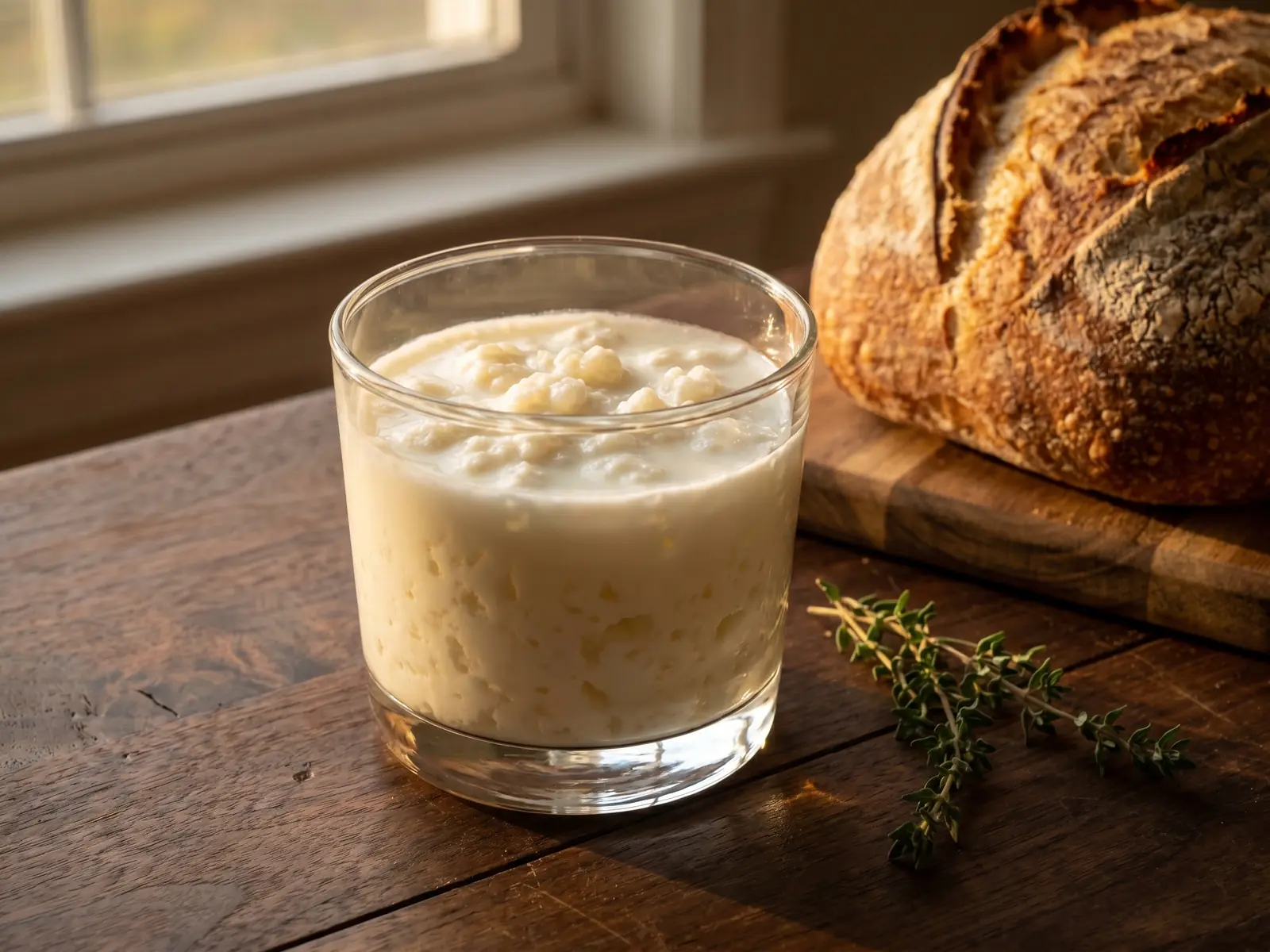 como hacer kefir en casa Kéfir cremoso en vaso bajo sobre madera oscura, con pan rústico y tomillo bajo luz dorada.