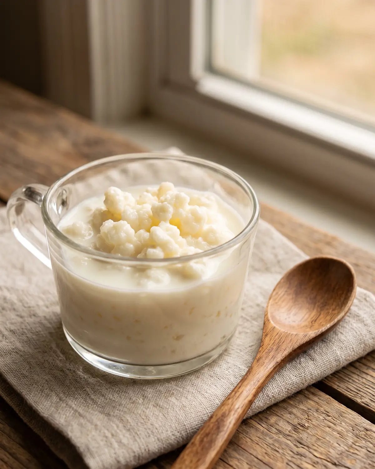 Vaso peque&ntilde;o con leche y gr&aacute;nulos de k&eacute;fir junto a una cuchara de madera sobre una superficie clara.