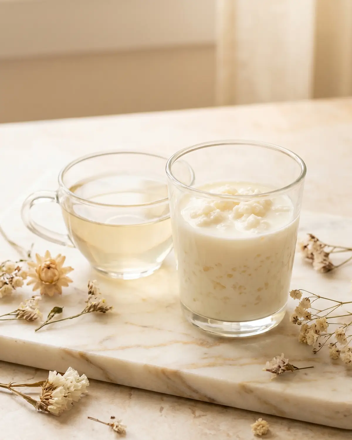 kefir ácido Vaso pequeño de kéfir junto a una taza de té claro, flores secas y una superficie de mármol veteado