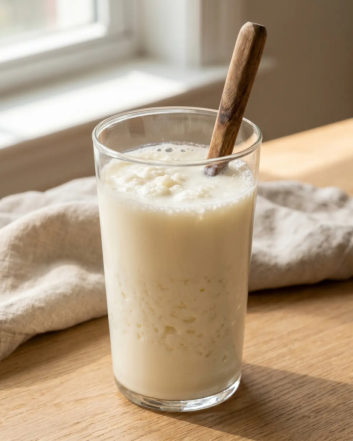 Vaso vertical con k&eacute;fir de leche cremoso y una cuchara dentro, listo para tomar en casa