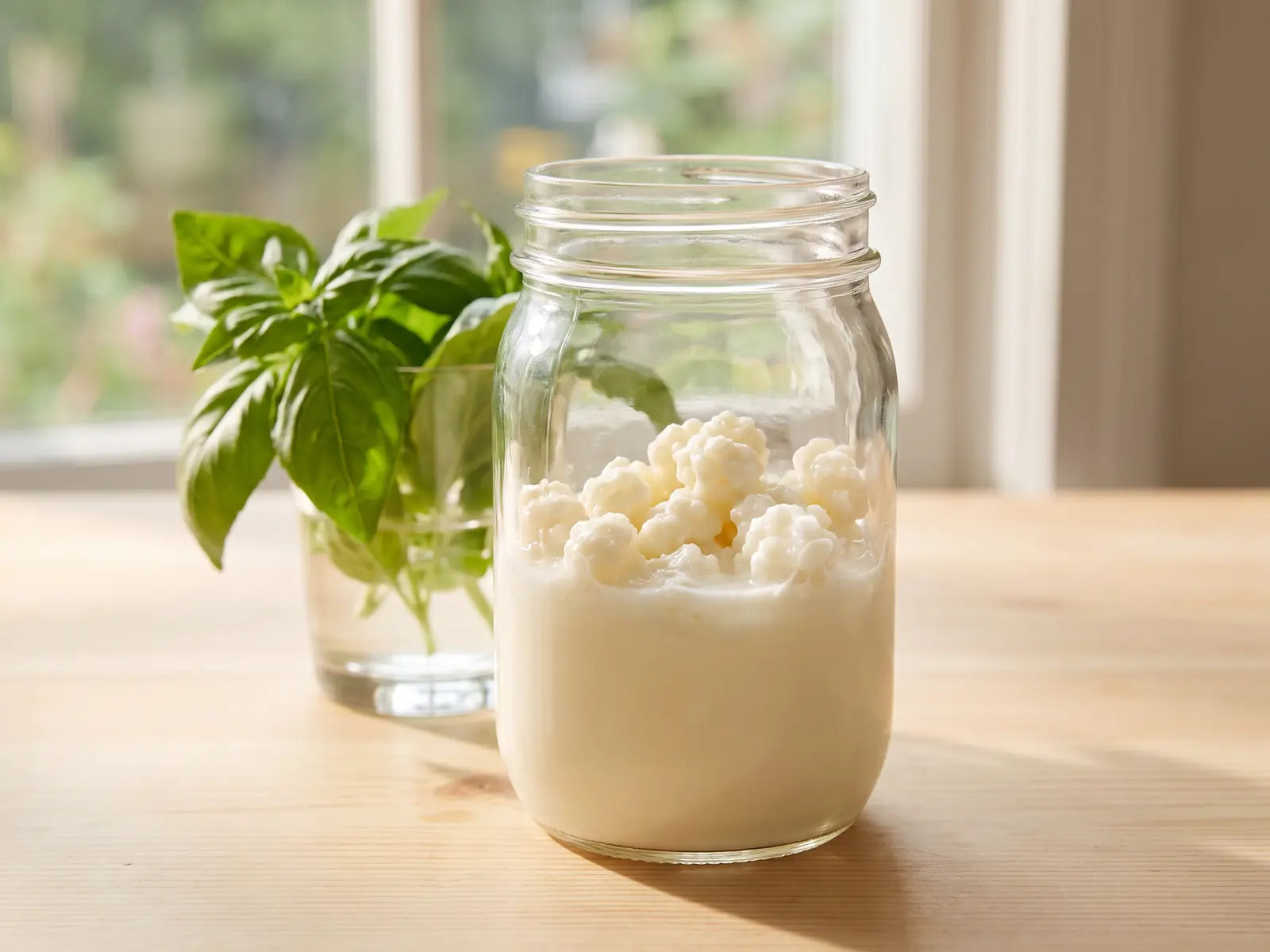 se puede hacer kefir con leche de almendras Tarro de kéfir fermentando con gránulos sobre pino claro, albahaca fresca y luz suave de verano.