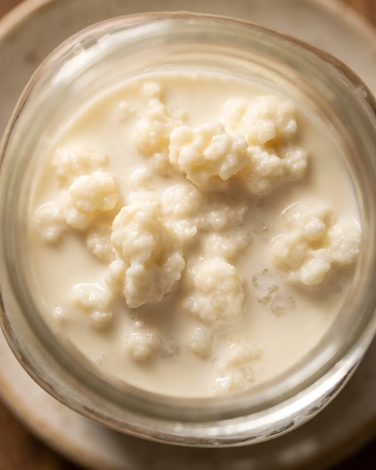 Vista inferior de un tarro con gr&aacute;nulos irregulares de k&eacute;fir cubiertos por leche cremosa.