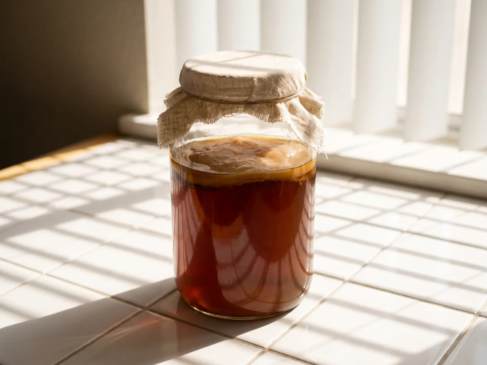 Tarro de t&eacute; &aacute;mbar con SCOBY sobre azulejos blancos, sombras de persiana y pa&ntilde;o crudo al lado.