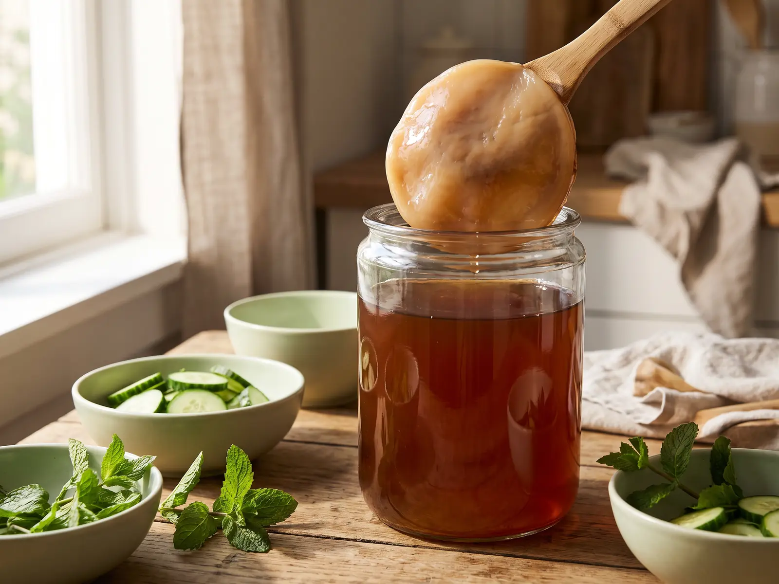 Tarro madre de kombucha con SCOBY, pepino fresco, menta y cuencos verdes en un bodeg&oacute;n de verano.