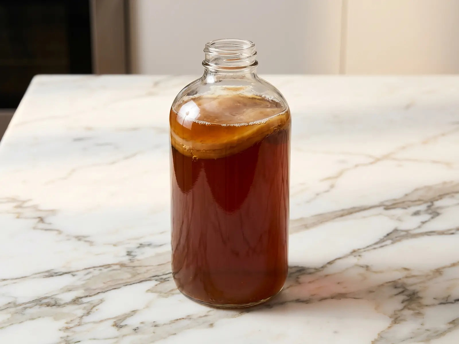 kombucha de donde es Botella de kombucha ámbar sobre mármol blanco con burbujas sutiles y aspecto limpio y minimalista