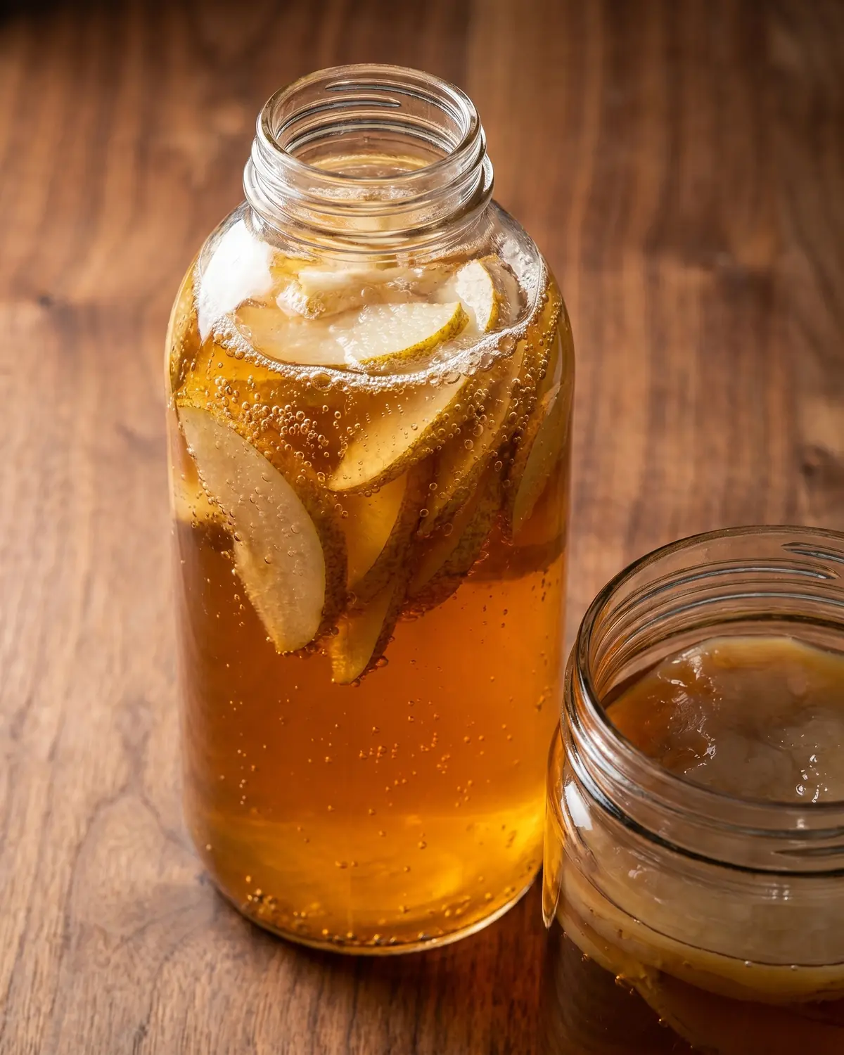 Botella de kombucha con pera laminada, burbujas en el vidrio y fondo de madera de nogal.