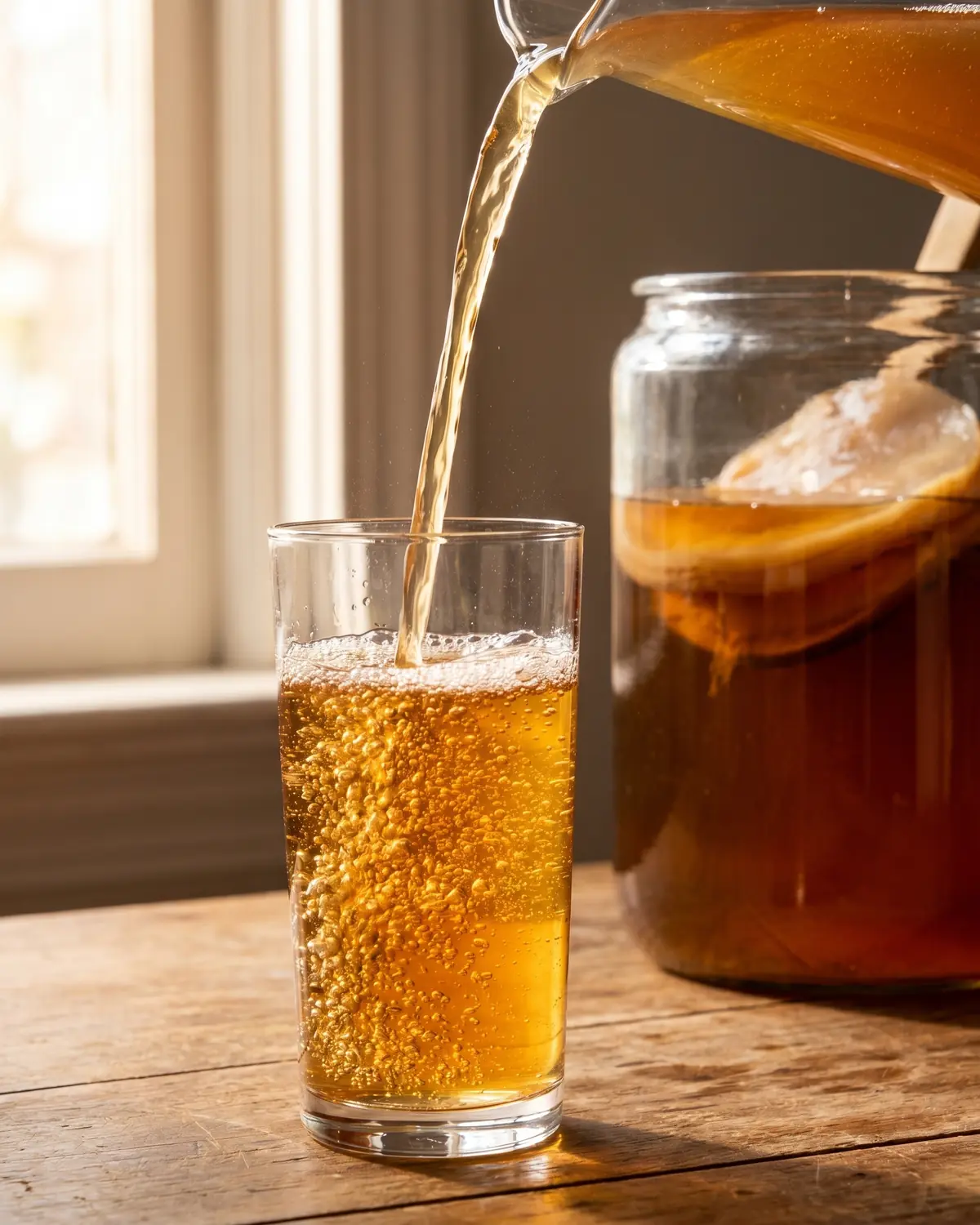 como hacer kombucha Chorro de kombucha entrando en un vaso alto, con burbujas pequeñas y madera clara debajo.