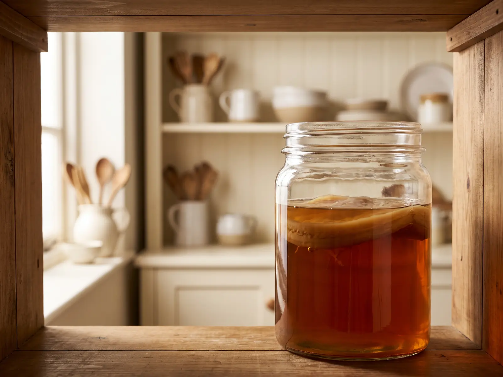 Tarro de kombucha con SCOBY en primer plano dentro de una alacena y cocina crema desenfocada al fondo