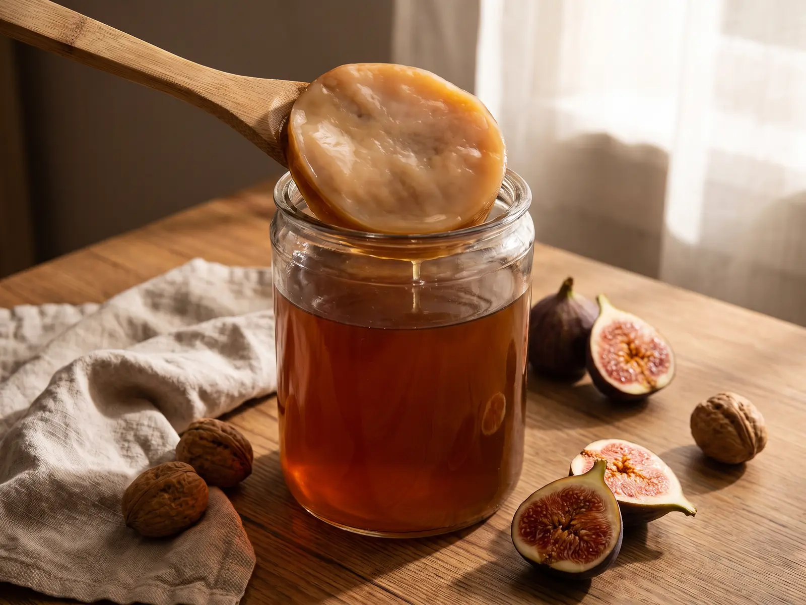 Tarro con SCOBY junto a higos, nueces y comida oto&ntilde;al sobre una mesa con lino crudo