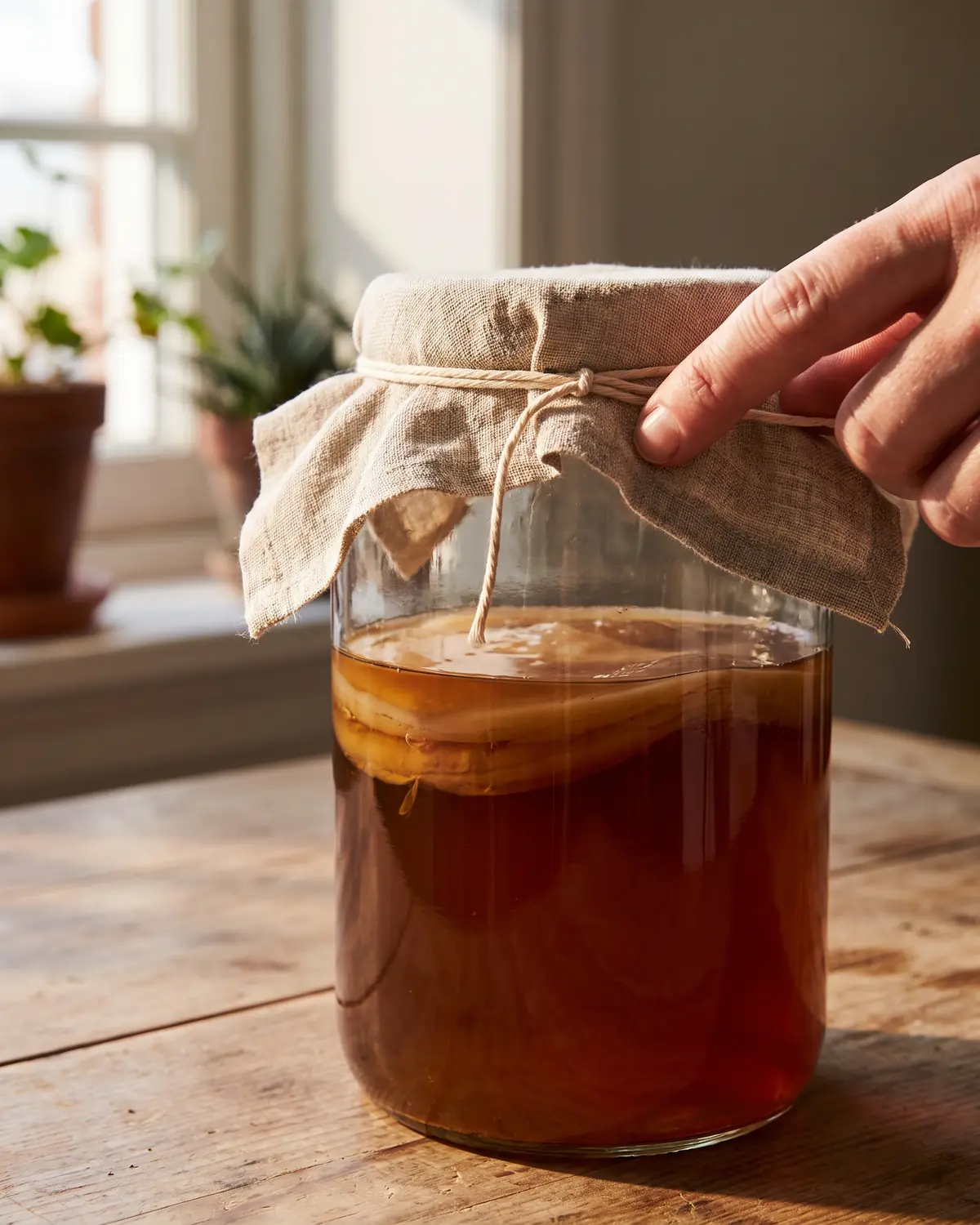 kombucha de donde es Manos colocando una tela de lino sobre un tarro de kombucha con el SCOBY visible a través del vidrio