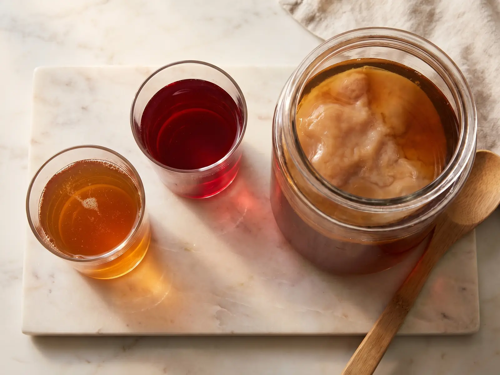 Dos vasos de kombucha, una &aacute;mbar y otra con hibisco, sobre m&aacute;rmol claro con luz cenital.