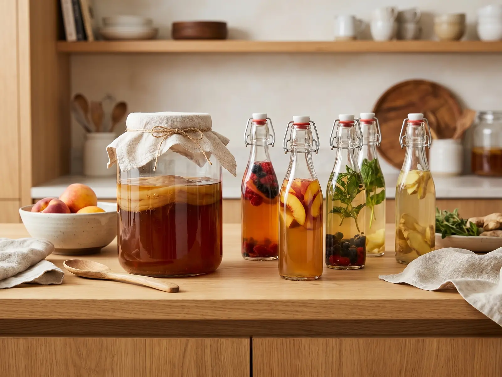 Encimera con varios tarros de kombucha en fermentaci&oacute;n primaria y secundaria preparados en casa