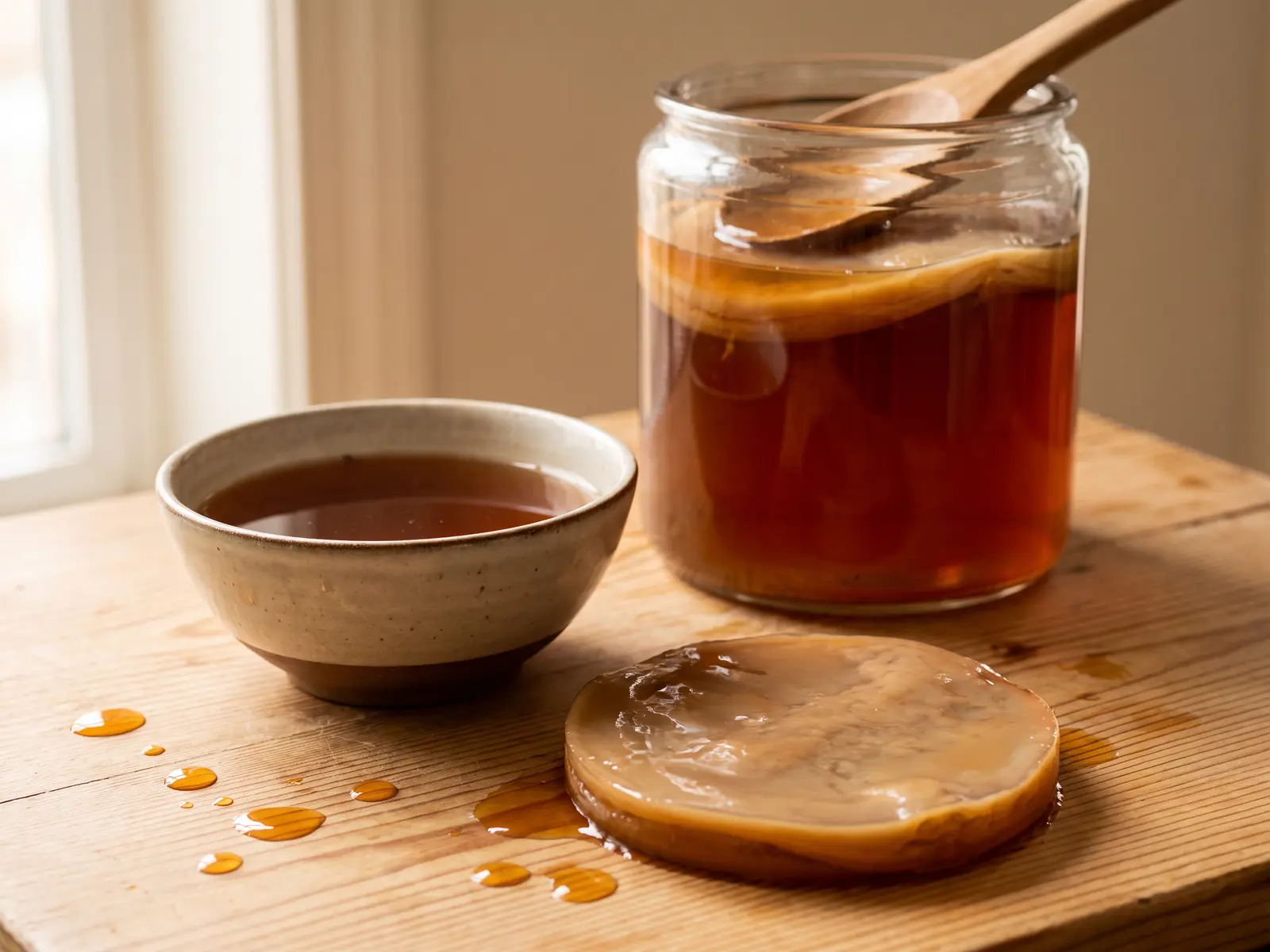 Tarro de kombucha sobre mesa de pino con gotas &aacute;mbar y un cuenco de t&eacute; al fondo.