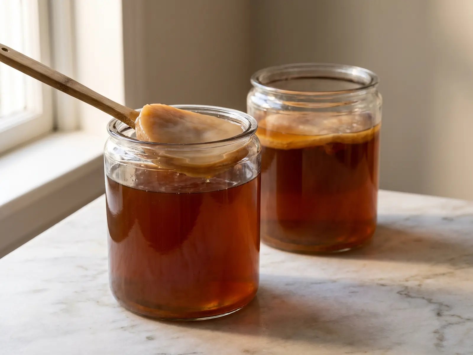 Dos tarros de kombucha sobre m&aacute;rmol mate con SCOBYs flotando en un ambiente de luz nublada.