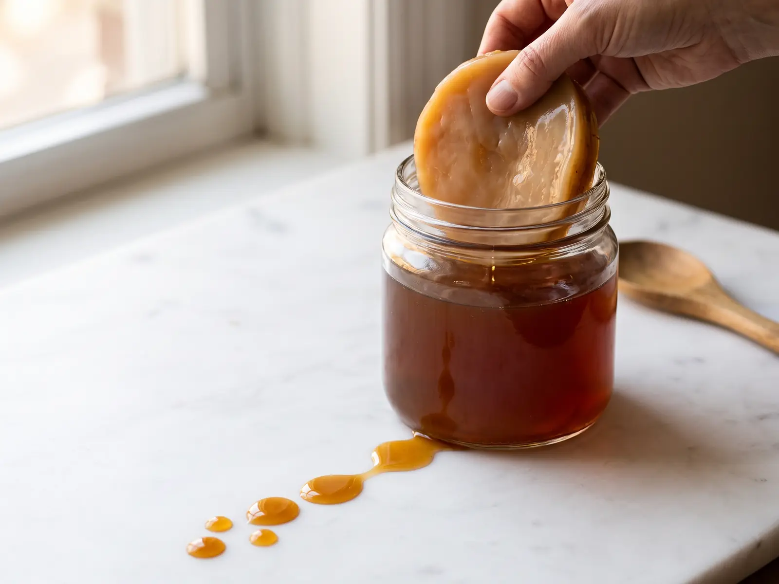 Gotas &aacute;mbar de kombucha sobre m&aacute;rmol blanco conducen hacia un tarro con SCOBY beige marr&oacute;n.