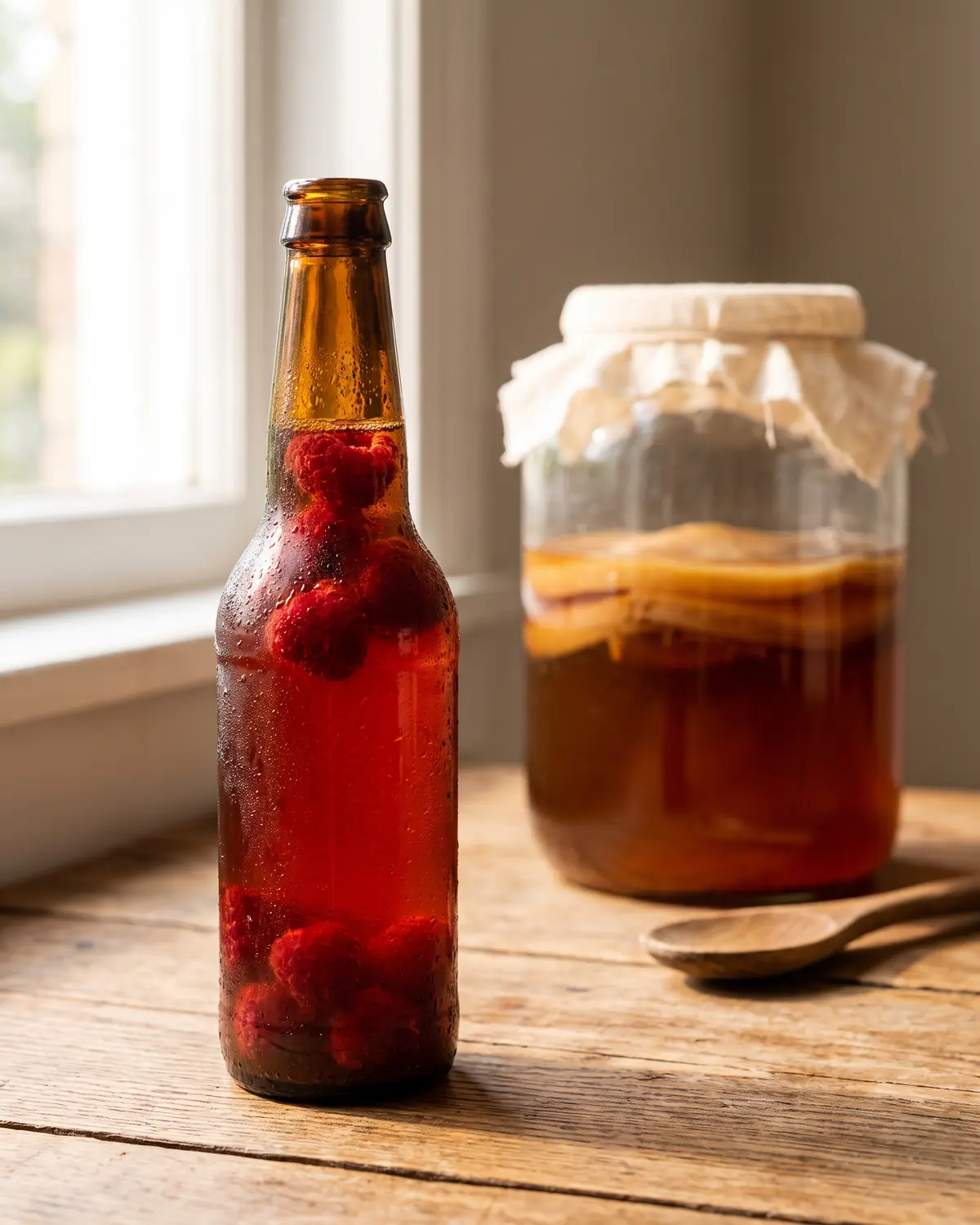 Botella &aacute;mbar fr&iacute;a con gotas de condensaci&oacute;n y frambuesas, con un tarro madre de kombucha al fondo.