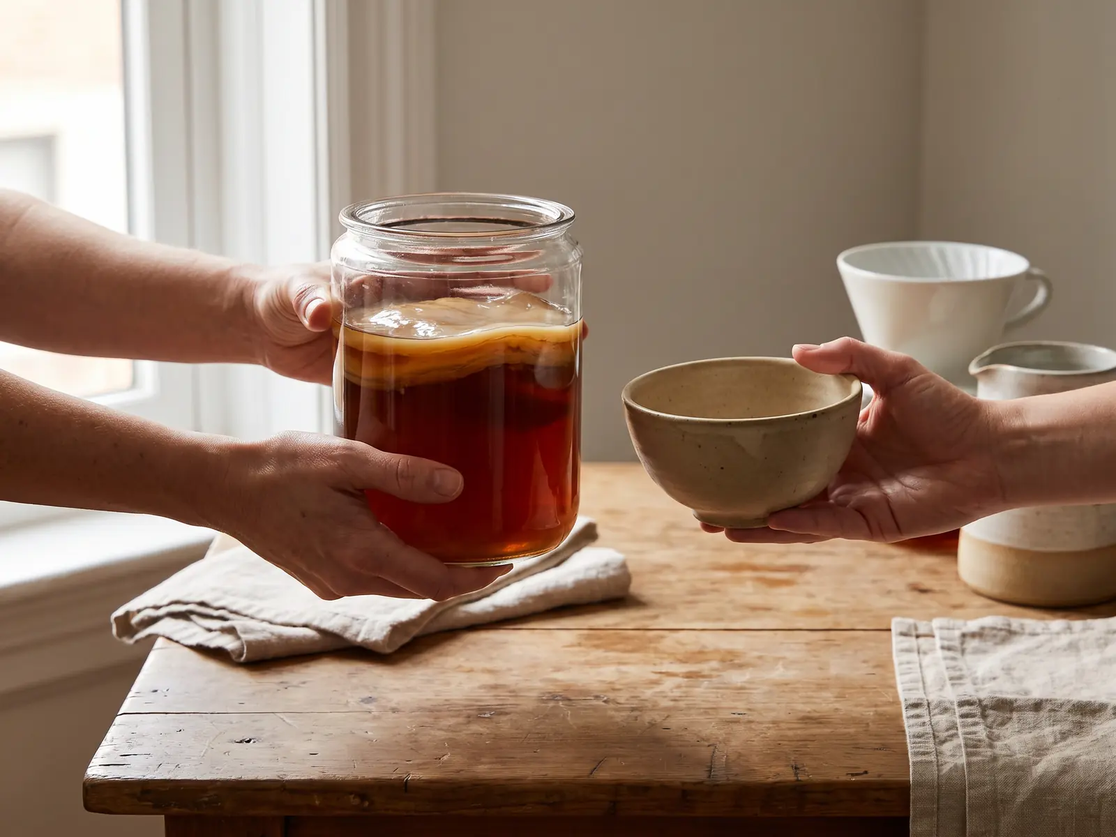 Dos manos intercambian un tarro con SCOBY y un cuenco beige en una escena de fermentaci&oacute;n casera.
