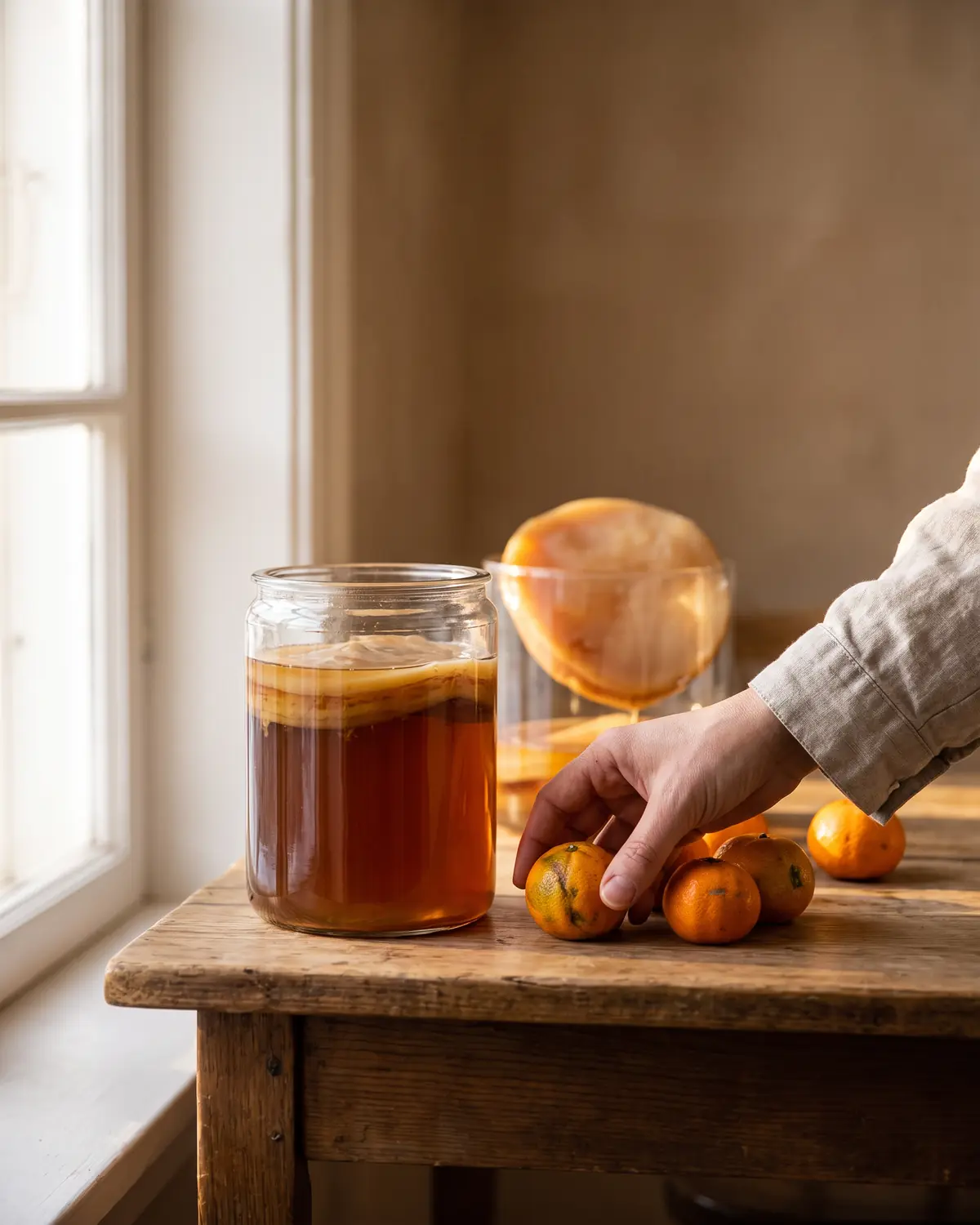 Mano colocando mandarinas junto a un tarro con SCOBY al fondo bajo una luz invernal suave