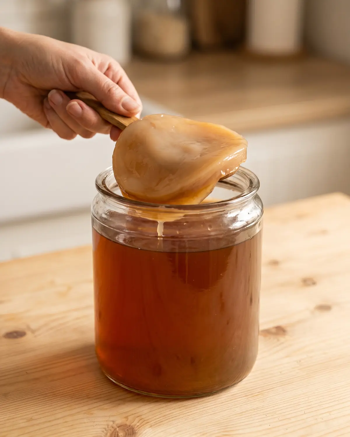 kombucha Mano levantando el SCOBY de un tarro con una cuchara de madera durante la fermentación.