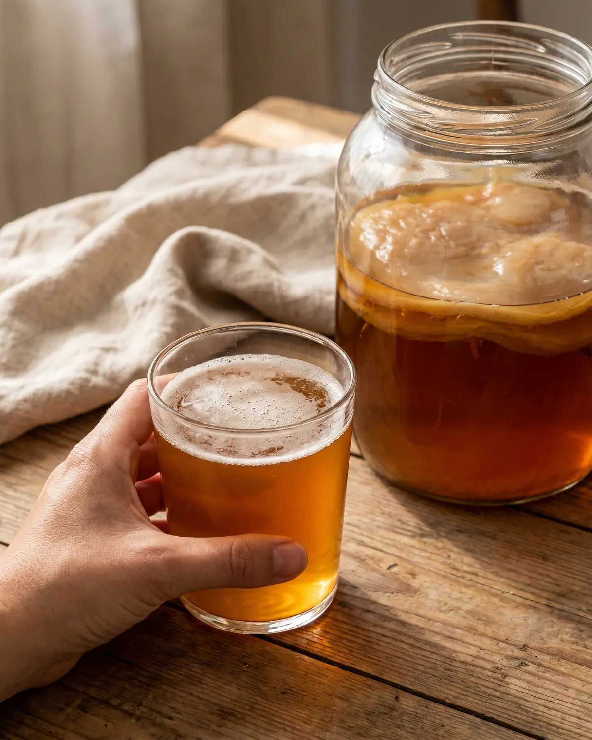Mano sujetando un vaso de kombucha &aacute;mbar con espuma ligera sobre un fondo de lino crudo