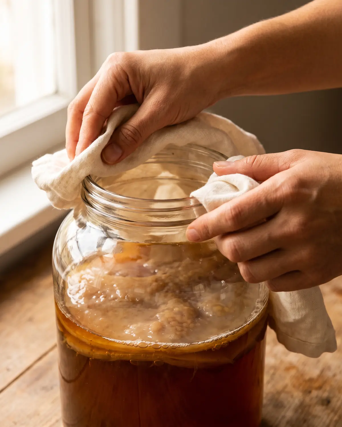 Dos manos limpian el borde de un tarro con kombucha y SCOBY visible bajo el t&eacute; fermentado.