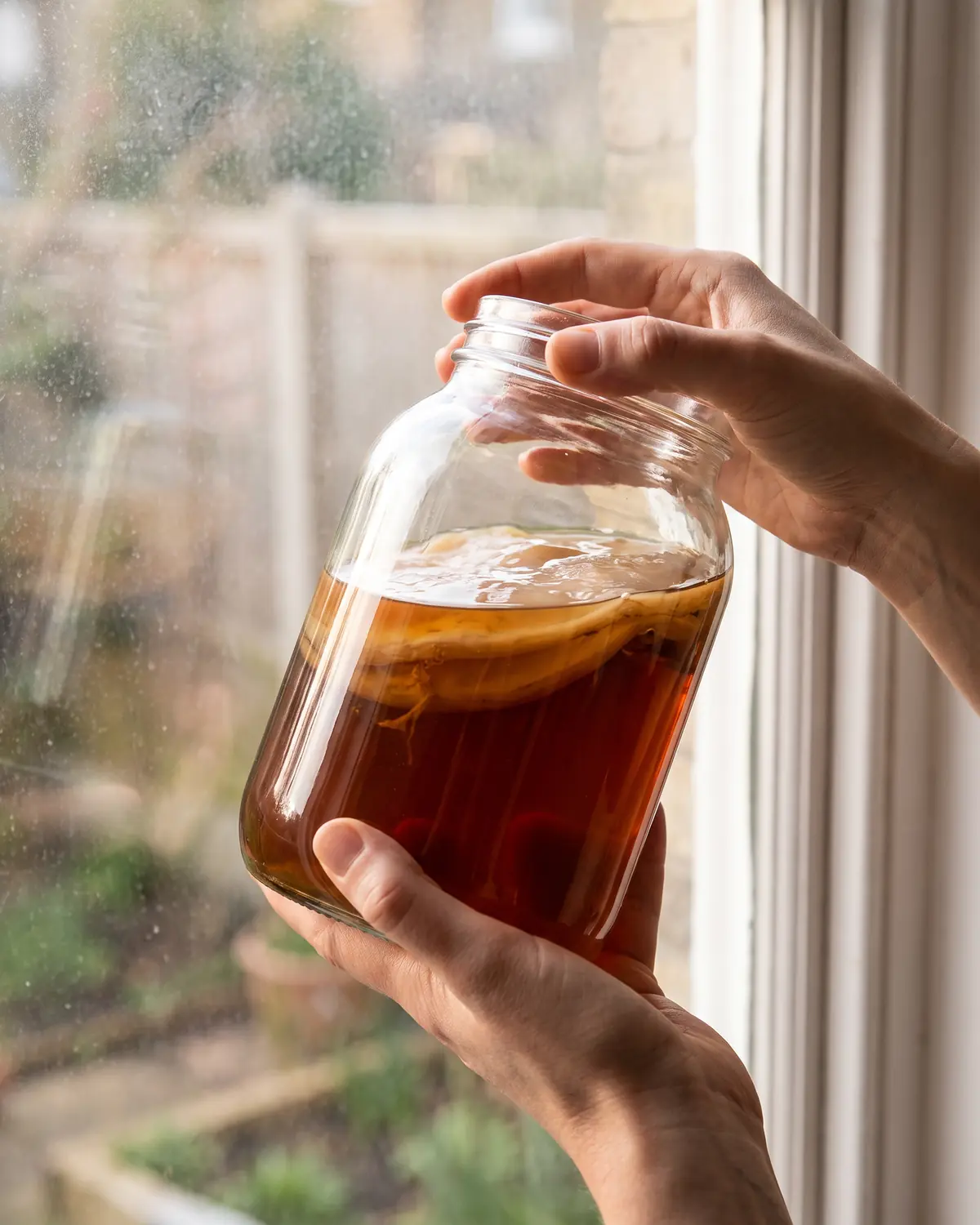 Manos sosteniendo un tarro de kombucha frente a una ventana para observar el SCOBY suspendido en el l&iacute;quido