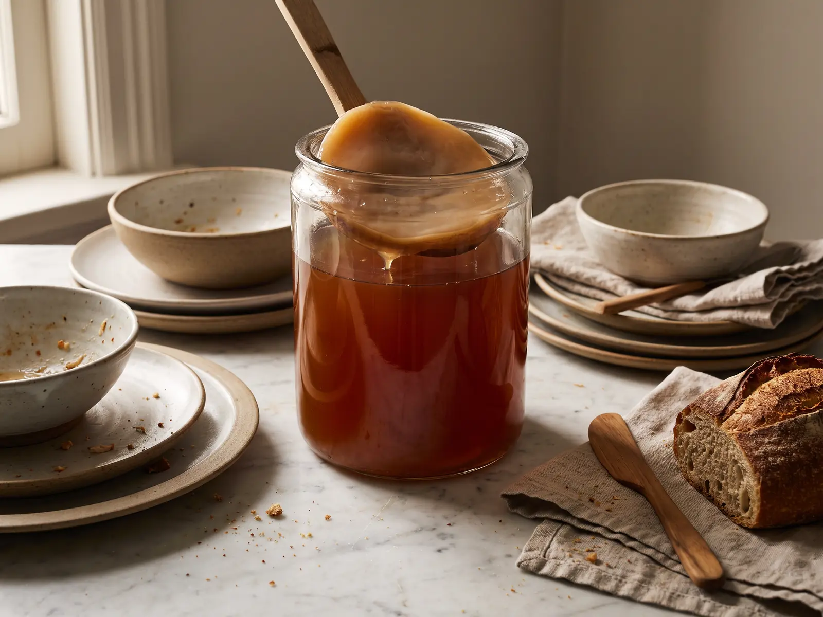 Tarro con SCOBY de kombucha sobre m&aacute;rmol blanco, junto a platos cer&aacute;micos en una sobremesa clara