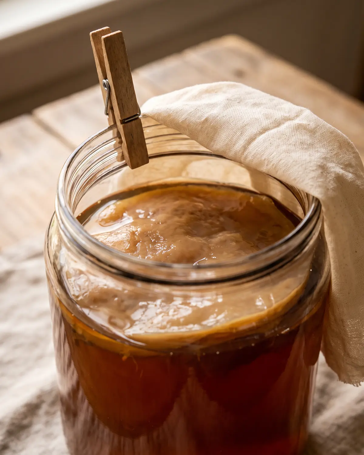 kombucha como tomarla Pinza de madera sujetando la tela retirada de un tarro abierto con SCOBY bajo la superficie