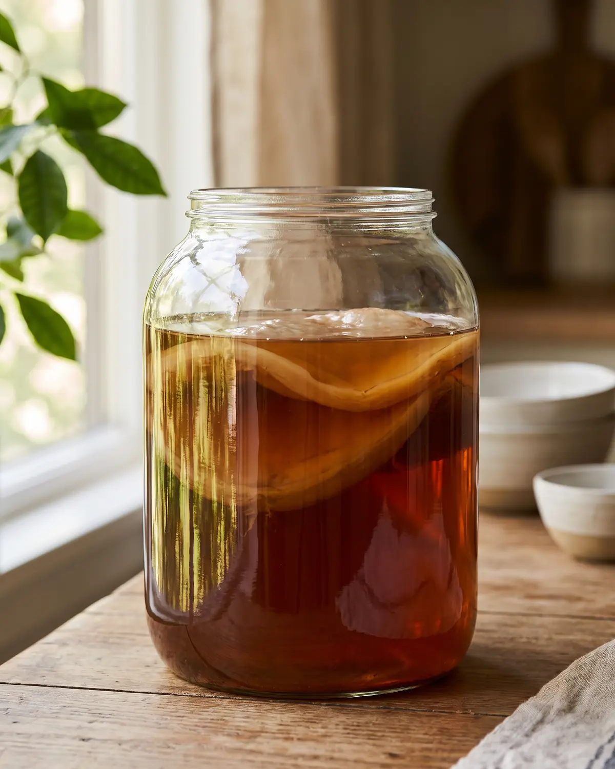 Tarro de kombucha con SCOBY marr&oacute;n reflejado en el cristal y hojas verdes alrededor.
