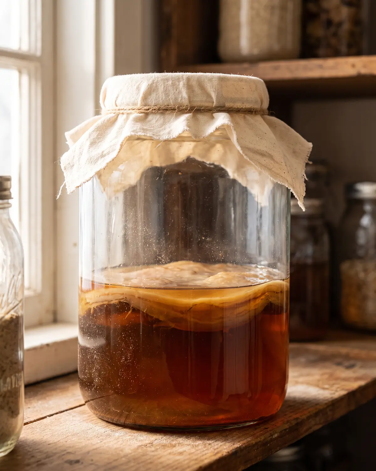 Frasco de kombucha en una repisa con vidrio ligeramente polvoriento y SCOBY oscuro bajo una tela crema.