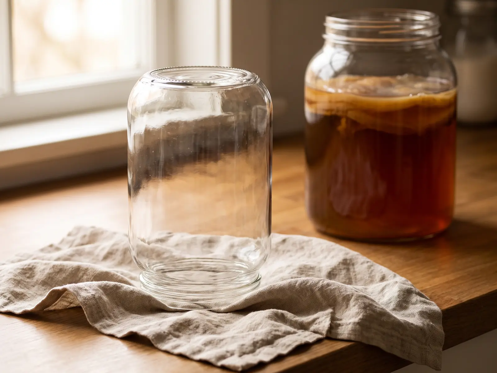kombucha como tomarla Rincón de limpieza con tarro vacío secando sobre lino y kombucha activa con SCOBY al fondo
