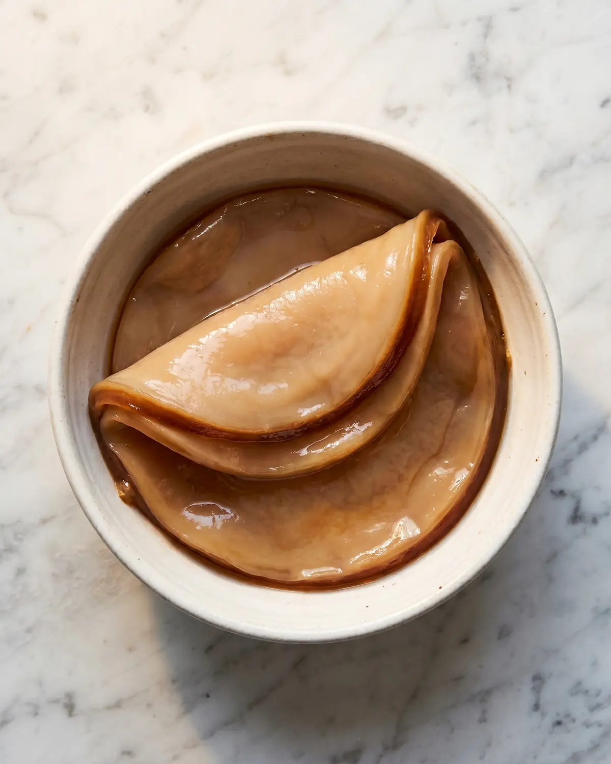 SCOBY grueso doblado en un cuenco cer&aacute;mico, con borde beige m&aacute;s oscuro visible en primer plano.
