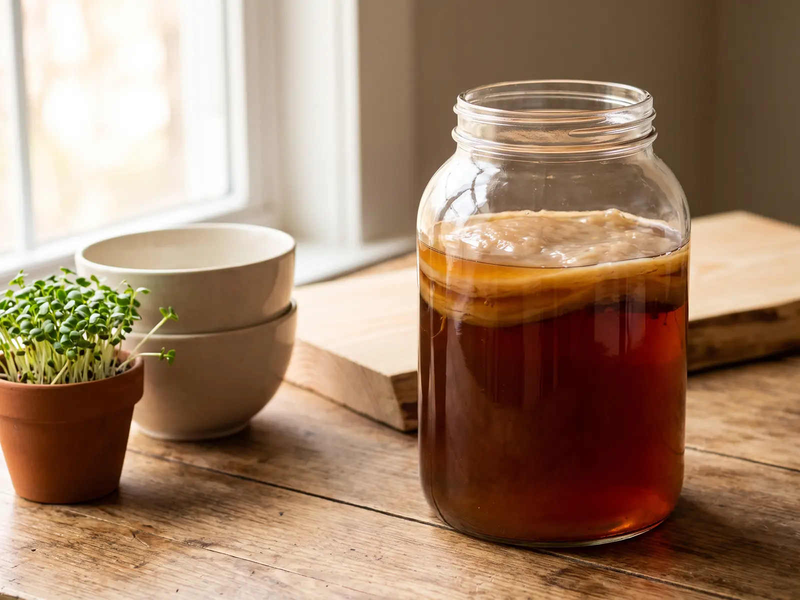Tarro de kombucha con SCOBY junto a brotes verdes, cuencos claros y madera de pino clara.