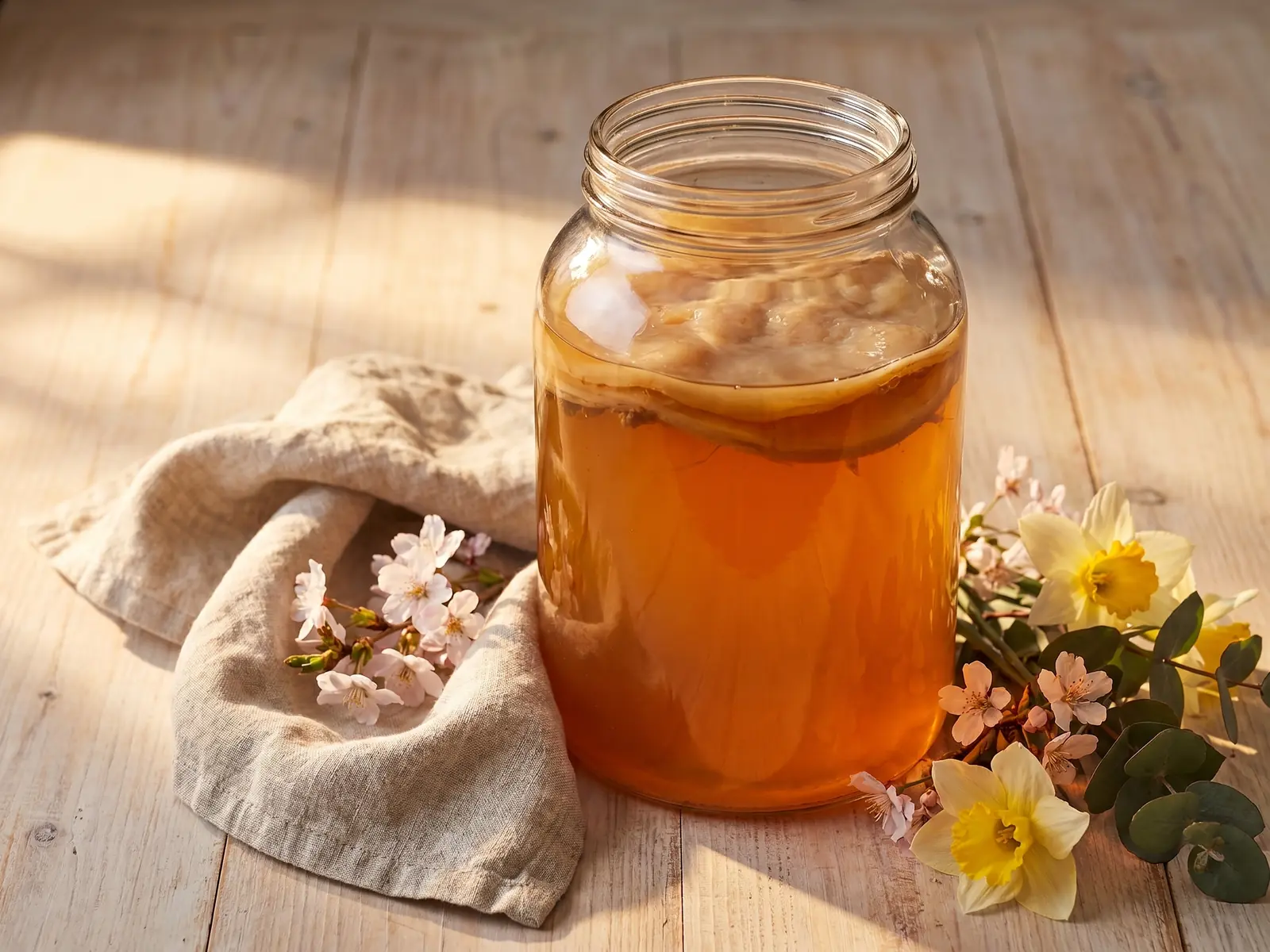 kombucha Tarro de kombucha ámbar junto a flores de primavera, lino crudo y luz cálida lateral.