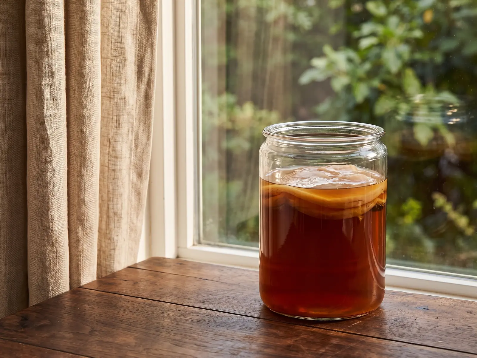 Tarro con SCOBY de kombucha junto a una ventana abierta, con cortina de lino y luz natural suave.