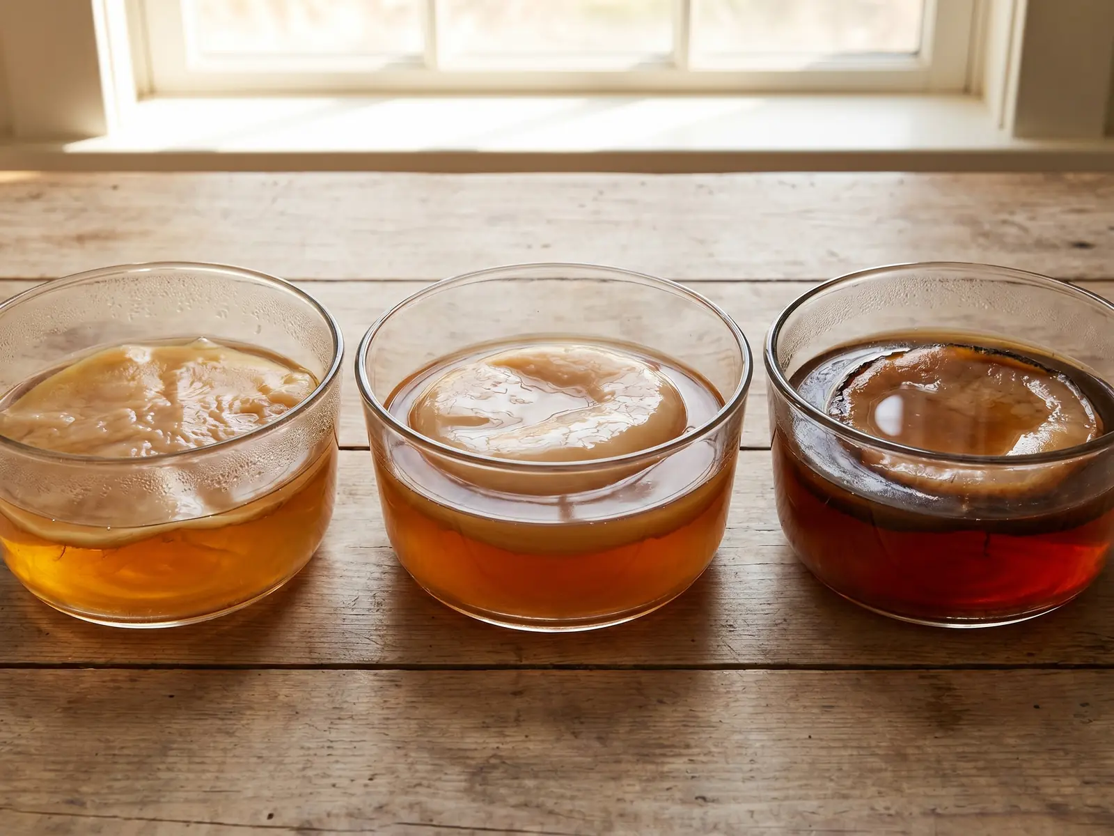 scoopy kombucha Tres cuencos con SCOBY de distintos grosores y un borde más oscuro sobre té madre de kombucha.
