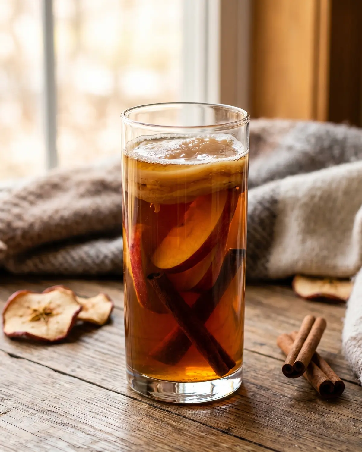 Vaso estrecho de kombucha con manzana y canela, servido en un ambiente c&aacute;lido de invierno